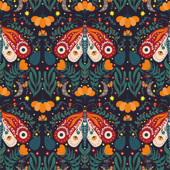 Seamless pattern with flowers and moth. Spring motif folk art on a dark background. Vector. Floral poster, banner, wall art, modern design, card