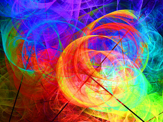 Fototapeta na wymiar Imagen de arte abstracto digital compuesto de líneas curvas girando sobre sí mismas en tonos brillantes formando un todo que parece ser el baile de trayectorias centrífugas coloridas.