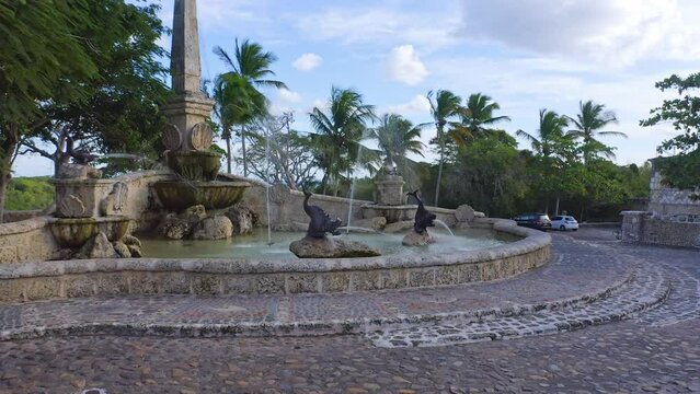 Fountain in historical center of Altos de Chavon, La Romana in Dominican Republic. Fpv
