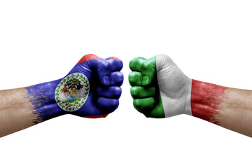 Two hands punch to each others on white background. Country flags painted fists, conflict crisis concept between belize and italy