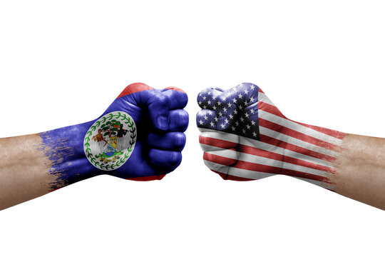 Two hands punch to each others on white background. Country flags painted fists, conflict crisis concept between belize and usa