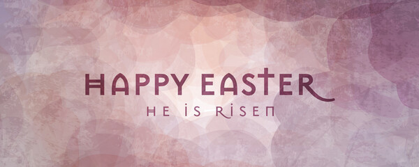 Happy Easter and He Is Risen in wide banner format.  Abstract pink clouds and sunlight shining through. Symbolizing the resurrection of Jesus Christ.

