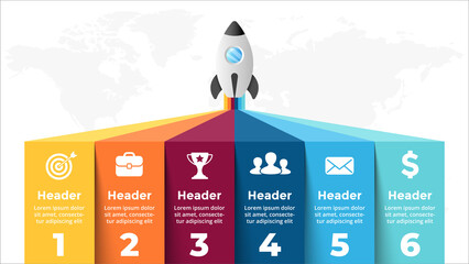 Startup vector infographic. Rocket launch. Presentation slide template. Spaceship fly. Business success diagram chart. Timeline roadmap 6 options, steps. Creative project concept. World map.
