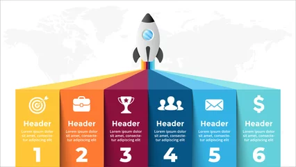 Fotobehang Startup vector infographic. Rocket launch. Presentation slide template. Spaceship fly. Business success diagram chart. Timeline roadmap 6 options, steps. Creative project concept. World map. © theseamuss