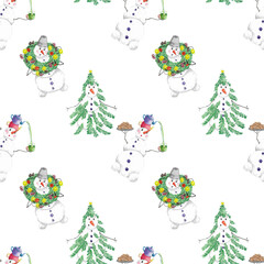 Snowmen seamless pattern, green and white
