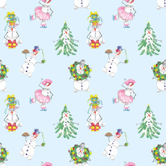 Cute snowmen seamless pattern on blue background