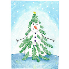 Snowman with a tree, watercolor card