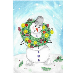 Snowman with a wreath, watercolor card