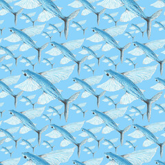 Flying fish seamless pattern, blue and white