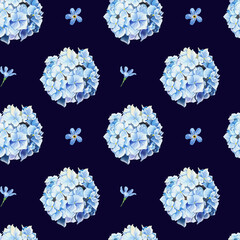 Blue hydrangea seamless pattern on dark background