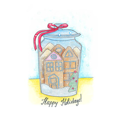 Ginger cookies in a jar, watercolor card