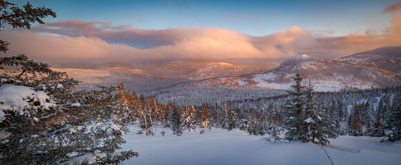 Panorama over the Gaspesie mountains on a winter majestic sunset, Gaspesie national park, QC, Canada