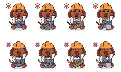 Vector Illustration of Cute sitting Dog cartoon with Handyman costume and hand up pose. Set of cute little Dog characters. Collection of funny little Dog isolated on a white background.