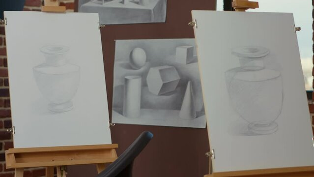Empty classroom with sketch on canvas for art class program, learning people to draw masterpiece model on artistic paper. Nobody in workshop to hold drawing lesson with artwork equipment.