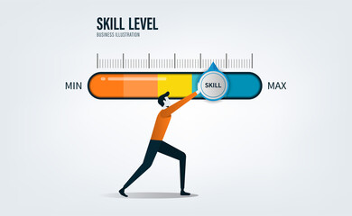 Skill levels growth. Increasing Skills Level. Businessman pushing progress bar up to maximum position - obrazy, fototapety, plakaty