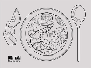 Thai Tom Yam soup. Top view outline doodle style illustration.