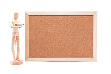 Isolated of wooden figure doll standing with cork board - leader with confident concept