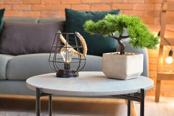 Stylish interior of living room with grey sofa, table with lamp and bonsai tree