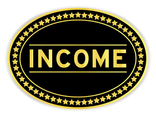Black and gold color round label sticker with word income on white background