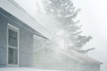 strong wind blowing snow off the roof in blizzard - obrazy, fototapety, plakaty