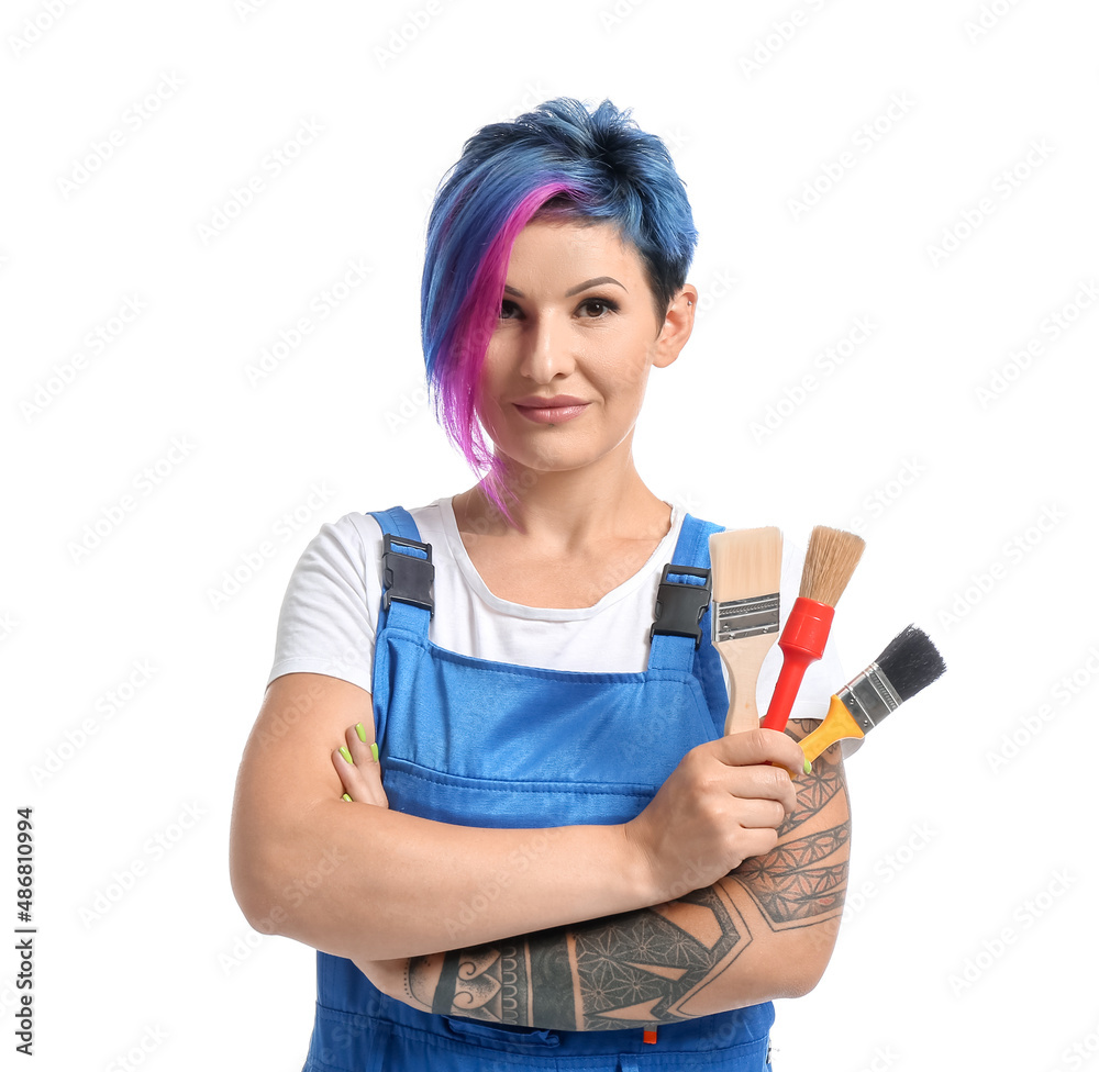 Sticker Female painter with bright hair and brushes on white background