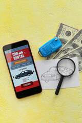 Mobile phone with open car rent app, drawn auto, money and magnifier on yellow background