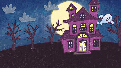 Halloween Holiday Season Ghost House Crayon Drawing and Doodling