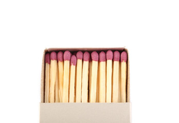 Opened matchbox with matches on white background, closeup