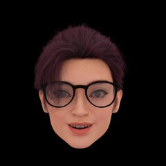 head of a beautiful adult woman with glasses and hair 3D illustration
