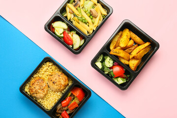 Containers with different tasty food on color background