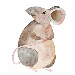 A plump gray mouse holds its tail and smiles. Watercolor
cartoon illustration 