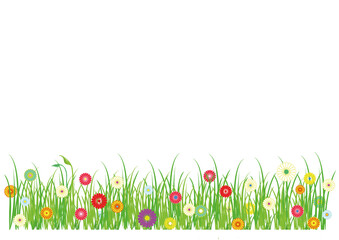 Green grass flowerbed with blooming flowers illustration isolated white background. Banner for design use in vector and jpg format with place for text.