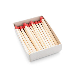 Box with new matchsticks on white background