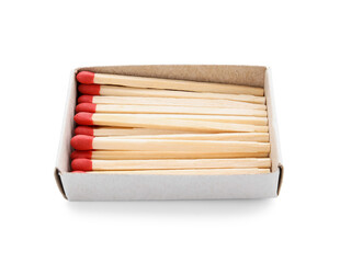Box with new matchsticks on white background