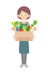 段ボールに入った野菜セットを持つ女性