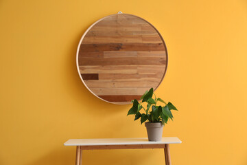 Table with houseplant and mirror hanging on yellow wall