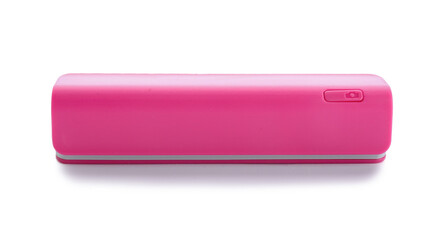 Pink power bank on white background