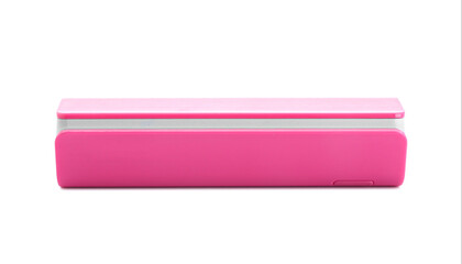 Pink power bank on white background