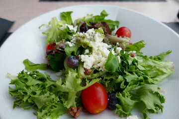 Fresh salad with feta cheese, cherry tomatoes, greens, and blueberries