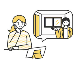 タブレットでオンライン内見をする若い女性のイラスト素材