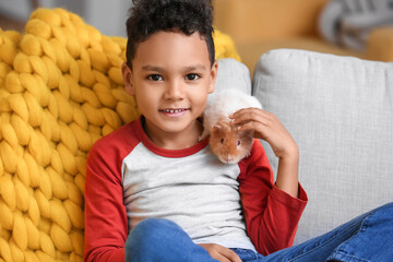 Little African-American boy with cute guinea pig on sofa at home