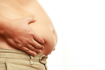 fat mature man check out body overweight abdomen his belly for white or obesity background. Weight loss concept.