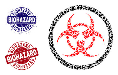 Round BIOHAZARD grunge seals with caption inside round shapes, and fragment mosaic biohazard icon. Blue and red seals includes BIOHAZARD caption. Biohazard mosaic icon of debris particles.
