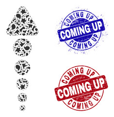 Round COMING UP grunge stamps with text inside round forms, and fragment mosaic arrow up icon. Blue and red seals includes COMING UP text. Arrow up mosaic icon of shards parts.