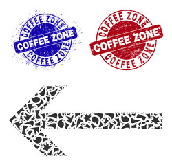 Round COFFEE ZONE dirty badges with text inside round forms, and shatter mosaic arrow left icon. Blue and red seals includes COFFEE ZONE text. Arrow left collage icon of shatter elements.