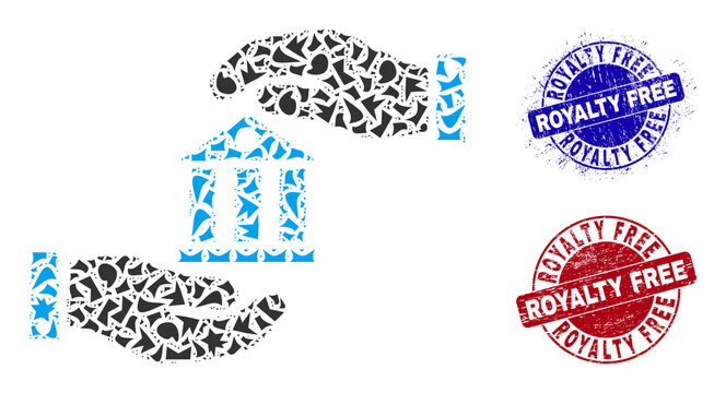 Round ROYALTY FREE dirty stamp seals with text inside circle shapes, and spall mosaic bank service icon. Blue and red stamp seals includes ROYALTY FREE text.