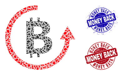 Round MONEY BACK rubber stamps with text inside round shapes, and shatter mosaic bitcoin refund icon. Blue and red stamps includes MONEY BACK text. Bitcoin refund mosaic icon of shards items.