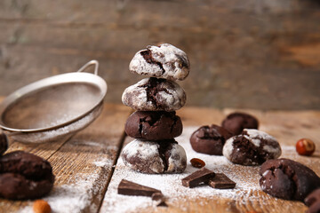 Chocolate brownie cookies on wooden background