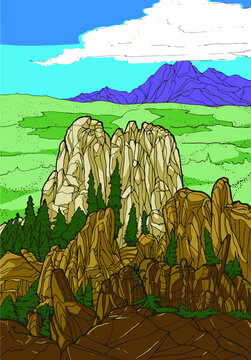 Illustration of Devil's Head Lookout Rock Formations and Mountain Meadows Colorado