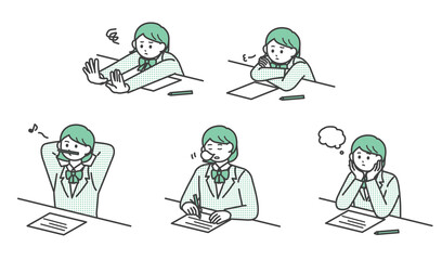 勉強に集中できていない学生の女の子のイラスト素材セット